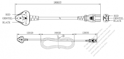 インド 3 ピン・  アングル型プラグ・IEC 320 C13 コネクタ付き電源コードセット・ 超音波組み立て- PVC ワイヤー ・ 長さ1.8M・ 黒 (YY 3G 0.75mm² (丸形)
