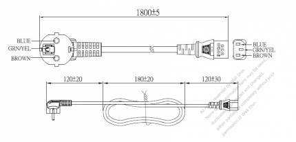 欧州 3 ピン・  アングル型 プラグ・IEC 320 C13 コネクタ付き電源コードセット ・ 一体成形 タイプ・ PVC ワイヤー ・ 長さ1.8M・ 黒 ( H05VV-F 3G 0.75mm² )