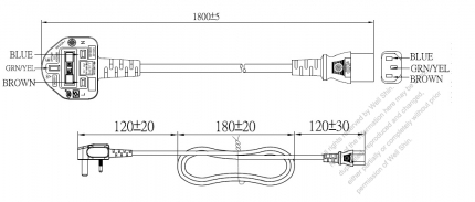 英国 UK 3 ピン プラグ・IEC 320 C13 コネクタ付き電源コードセット ・ 一体成形 タイプ・ PVC ワイヤー ・ 長さ1.8M・ 黒 ( H05VV-F 3G 0.75mm² )