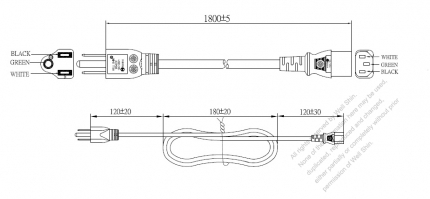 台湾 3 ピン プラグ・IEC 320 C13 コネクタ付き電源コードセット ・ 一体成形 タイプ・ PVC ワイヤー ・ 長さ1.8M・ 黒 (VCTF 3X 0.75mm² 丸形 )