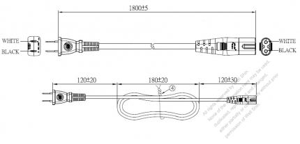 台湾 2 ピンプラグ・IEC 320 C7 コネクタ付き電源コードセット・超音波組み立て- PVC ワイヤー ・ 長さ1.8M・ 黒 (VCTFK 2X 0.75mm² )