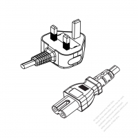 英国 UK 2 ピンプラグ・IEC 320 C7 コネクタ付き電源コードセット・ 超音波組み立て- PVC ワイヤー ・ 長さ1.8M・ 黒 (H05VVH2-F 2X 0.75mm² )