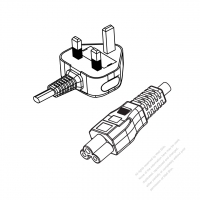 英国 UK 3 ピン プラグ・IEC 320 C5 コネクタ付き電源コードセット・ 超音波組み立て・(HF) ハロゲンフリー・ 長さ1.8M・ 黒 (H03Z1Z1-F 3X 0.75mm² )