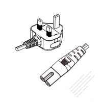 英国 UK 2 ピンプラグ・IEC 320 C7 コネクタ付き電源コードセット・ 超音波組み立て- PVC ワイヤー ・ 長さ1.8M・ 黒 (H05VVH2-F 2X 0.75mm² )