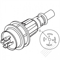 北米 NEMA 引掛形(ロック式) L21-20P 工業用4 P + E ACプラグ・20A 3ØY 120/208 V