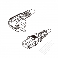 欧州 3 ピン・  アングル型 プラグ・IEC 320 C13 コネクタ付き電源コードセット ・ 一体成形 タイプ・ PVC ワイヤー ・ 長さ 1 M・ 黒 ( H05VV-F 3G 0.75mm² )