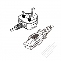 英国 UK 3 ピン プラグ・IEC 320 C13 コネクタ付き電源コードセット・ 超音波組み立て・(HF) ハロゲンフリー・ 長さ1.8M・ 黒 (H05Z1Z1-F 3X 0.75mm² )