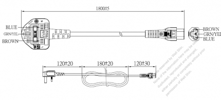 英國3-Pin 插頭 to IEC 320 C5 AC電源線組- 成型PVC線材(Cord Set) 1.8M (1800mm)黑色 ( H05VV-F 3G 0.75mm² )( #U88A734-180)