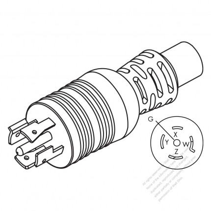 美國/加拿大 NEMA L22-20P 鎖固式 AC插頭, 4 P/5 芯接地, 20A, 3ØY 208/250V