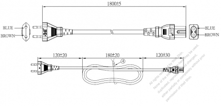 歐洲2-Pin插頭 to IEC 320 C7 AC電源線組-PVC線材 (Cord Set) 1.8M (1800mm)黑色 (H03VVH2-F 2X0.75MM ) (# G070131-180)
