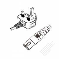 英國3-Pin插頭 to IEC 320 C7 AC電源線組-HF超音波成型-無鹵線材 (Cord Set ) 1.8M (1800mm)黑色 (H05Z1Z1H2-F 2X0.75MM ) (#U1202EHF-180)